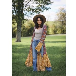 SPARROW PATCHWORK RUFFLED BOHO KIMONO DUSTER - MUSTARD MIX